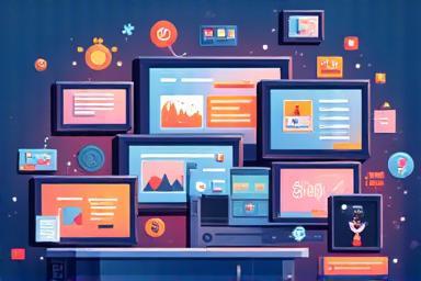 Image representing digital content creation or multimedia with various screens showing different media types.