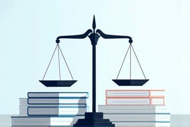 Image symbolizing ethics, law, or decision making with a balance scale over legal texts.